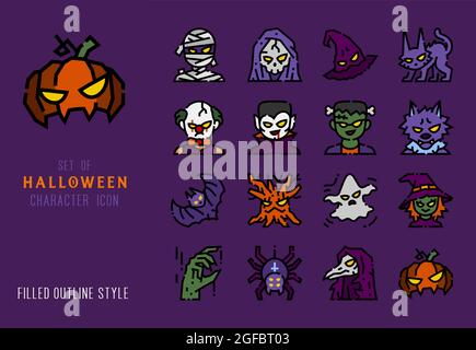 Halloween character colored line icon set for decoration. Filled outline detailed pictogram. Stock Vector