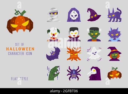 Halloween character flat design icon set for decoration. Stock Vector