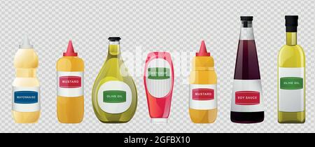 Big sauce in bottles set. Soy, Olive Oil, Mustard, Ketchup and Mayonnaise sauces. Condiment elements for food design. Stock Vector