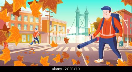 Urban sanitary service work, janitors clean street Stock Vector