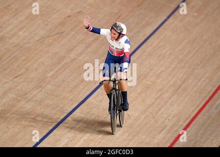 Great Britain's Dame Sarah Storey celebrates winning Gold in the Women's C5 3000m Individual Pursuit during the Track Cycling at the Izu Velodrome on day one of the Tokyo 2020 Paralympic Games in Japan. Picture date: Wednesday August 25, 2021.