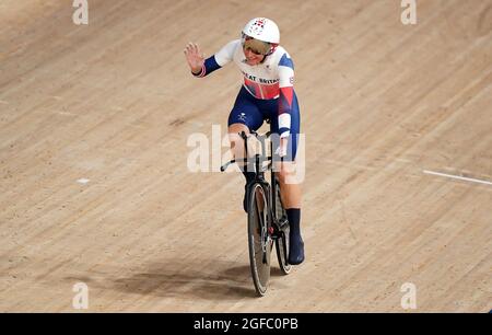 Great Britain's Dame Sarah Storey celebrates winning Gold in the Women's C5 3000m Individual Pursuit during the Track Cycling at the Izu Velodrome on day one of the Tokyo 2020 Paralympic Games in Japan. Picture date: Wednesday August 25, 2021.