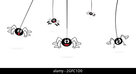 Cartoon spiders hanging on web spider. Vector illustration isolated on white background Stock Vector