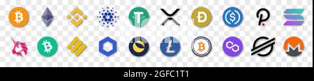 Vinnytsia, Ukraine - August 18, 2021. Set of Cryptocurrency Logos. Bitcoin, Ethereum, Binance, Tether, XRP, Polkadot, Cardano, Uniswap, Litecoin, Chai Stock Vector