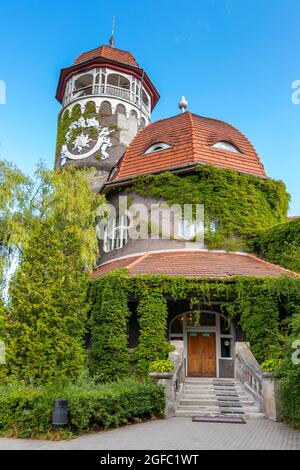 Svetlogorsk, Russia - August 3, 2021: The Water tower and the adjoining rotundal building of the water-and-mud baths, built in Rauschen in 1907-1908 a Stock Photo