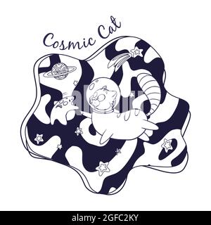 Cat Cosmonaut and Star in Space Coloring Page. Hand Drawn animal astronaut touching star in space for logo, coloring book and nursery decor, kids graphic tees, prints, stickers Stock Vector