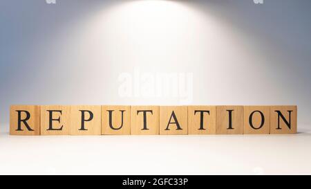 The word reputation was crafted from wooden cubes.finance and people. Stock Photo