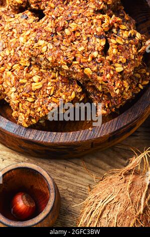 Diet biscuits made from seeds, dried fruits and coconut.Tasty cookie Stock Photo