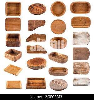Isolated wooden cookware boards collection collage Stock Photo