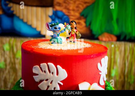 New York, USA - June 25, 2021: Close-up shot of a birthday cake with Lilo and Stitch Theme. Stock Photo