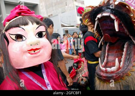 A performer from the artist troupe Ho Hap Kwee at the Chinese New Year Parade in Yogyakarta. The lion dance is a traditional performance for Chinese communities around the world. Yogyakarta, Indonesia. Feb 9, 2007. Stock Photo