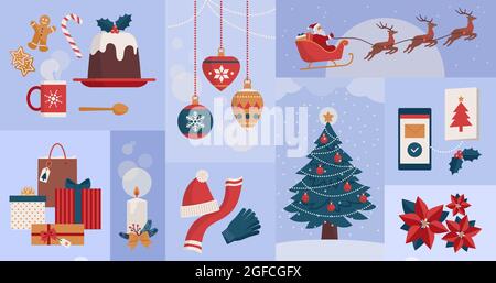 Winter season and Christmas celebrations icons set, winter holidays and lifestyle theme Stock Vector