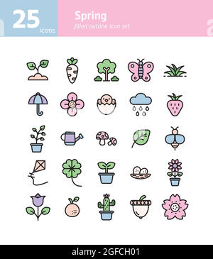 Spring filled outline icon set. Vector and Illustration. Stock Vector