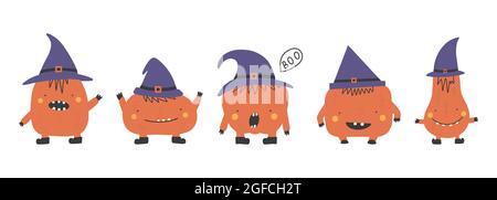 Pumpkins collection cartoon pumpkin monster. Happy halloween print. Funny and happy pumpkins set character. Vegetables vector illustration Stock Vector