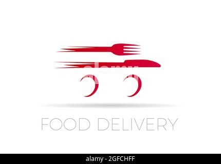 Fork and knife on the running wheels. Food delivery. Vector logo