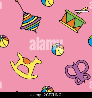 Pink background pattern with kids toys, butterfly and horse, drum. Stock Vector