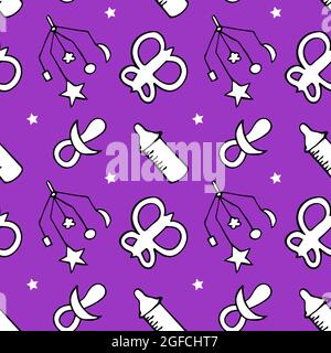 Seamless pattern with kids toys and butterfly, rattle and feeding bottle. Stock Vector