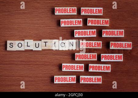 Concept of problem solving. Look for the solution inside the problem. Top view of wooden tiles with text PROBLEM and SOLUTION Stock Photo