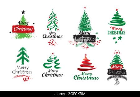 A set of vector logos of painted Christmas trees on a white background Stock Vector