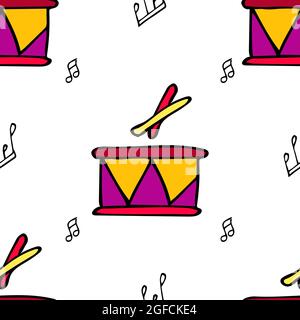 White background pattern with kids toys, drums and sheet music. Vector illustration. Stock Vector