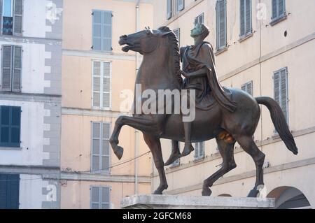 Italy, Lombardy, Pavia, Piazza del Duomo Square, Equestrian Bronze Statue called Regisole by Francesco Messina dated 1937 Stock Photo