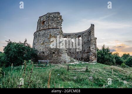 Rural old windmill Pricovy built in 18th century,beautiful and large Dutch-type mill in Czech Republic.Technical monument in Czech countryside. Stock Photo