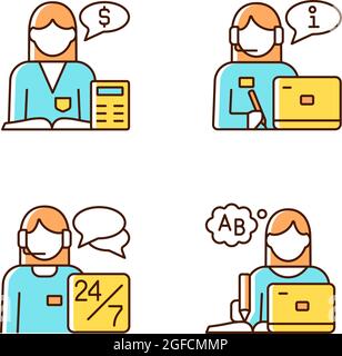 Female assistant RGB color icons set Stock Vector