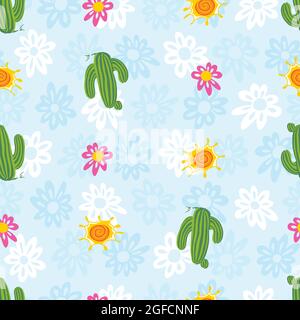 Vector blue cute spaced out simple cactus and daisy flowers seamless repeat pattern with floral background. Suitable for textile, gift wrap and Stock Vector