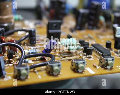 Different Electronic Parts On Computer Board Macro Shot Stock Photo