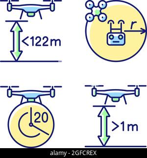 Drone proper control RGB color manual label icons set Stock Vector