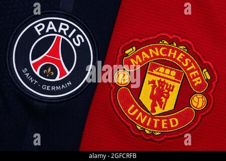 Close up of PSG and Manchester United club crest, Stock Photo