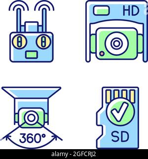 Effective drone use RGB color manual label icons set Stock Vector