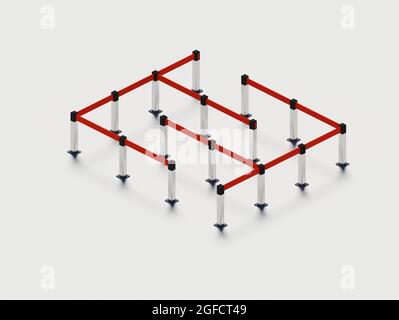 Airport band barrier on clean metallic steel stands. Isometric red band barrier illustration. Red elastic fence for shopping mall. Queue control Stock Photo