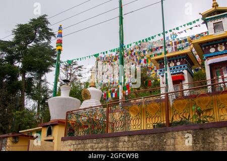 Tibetan prayer flags at Dalai Lama's temple, Dharamsala, Himachal Pradesh, India Stock Photo