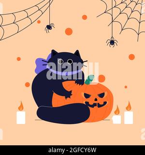 Happy Halloween. A fat cute black cat clutched at the pumpkin with its claws. Cartoon character of animal holidays. Vector illustration in flat design Stock Vector