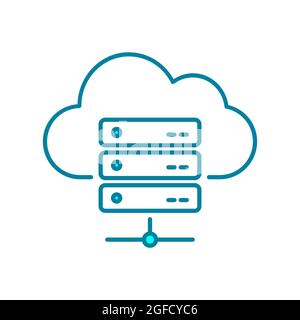 Server rack and cloud line icon. Cloud hosting services. Server database organization. Cloud storage network. Edge computing system. Vector clip art. Stock Vector