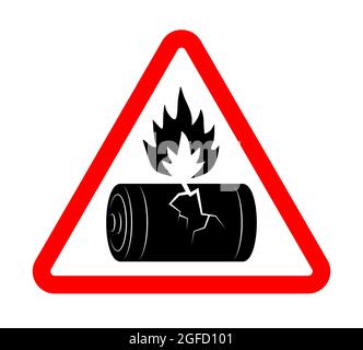 damaged broken battery with fire hazard sign. Disposal of flammable batteries. Isolated vector on white background Stock Vector