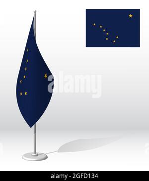 flag of american state of Alaska on flagpole for registration of solemn event, meeting foreign guests. Day of state of Alaska. Realistic 3D vector on Stock Vector
