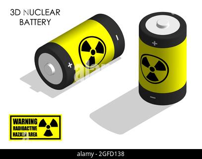 Isometric nuclear battery for portable devices. Energy storage in energy efficient recyclable battery. Realistic 3D vector isolated on white backgroun Stock Vector