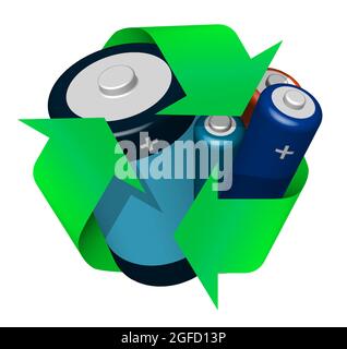 battery with green recycling sign. Recycling of batteries, green energy, alternative energy sources. Caring for ecology and environment. Realistic 3D Stock Vector