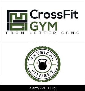 Physical fitness emblem logo with dumbbell icon vector Stock Vector