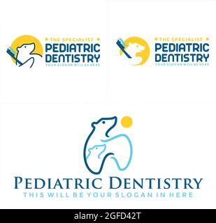 Pediatric dentistry with icon bear toothbrush vector logo design Stock Vector