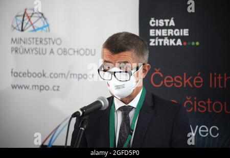 Cizkovice, Czech Republic. 25th Aug, 2021. Prime Minister Andrej Babis speaks during a briefing within visit of CirkTech research centre, on August 25, 2021, in Cizkovice, Czech Republic. The centre is operated by Prague's University and company Lafarge Cement, both of which are involved in survey regarding future processing of Czech lithium that is to be mined at Cinovec by CEZ's unit Geomet. Credit: Libor Zavoral/CTK Photo/Alamy Live News Stock Photo