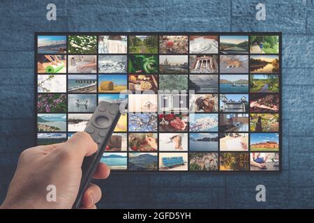 Television streaming video concept. Media TV video on demand technology. Video service with internet streaming multimedia shows, series. VOD service o Stock Photo