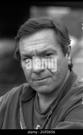 Portrait of the actor Michael Elphick as he takes  time off  from his part as BOON in the Central TV series BOON to steer a narrow boat on the Birmingham canals in September 1985 Stock Photo