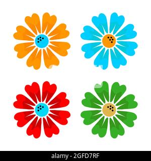 Design in bright colors for stickers, labels, gift wrapping. Flower flat icons set. Silhouette isolated on white. Stock Vector