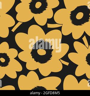 Seamless cute pattern of large yellow flowers on black background.Endless floral ornament with beautiful blossoms.Colourful backdrop for fabric,textil Stock Photo