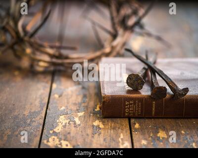 Good Friday concept, with nails and crown of thorns Stock Photo