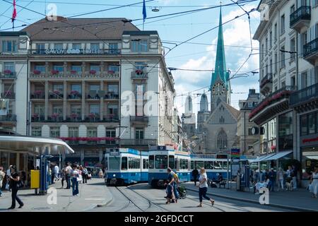 Zürich, Switzerland - July 13th 2019: Lively situation at the famous Paradeplatz. Stock Photo