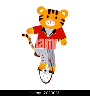 Cartoon vector illustration for children, tiger on a bicycle in a circus, Chinese new year. isolated on a white background. Stock Vector